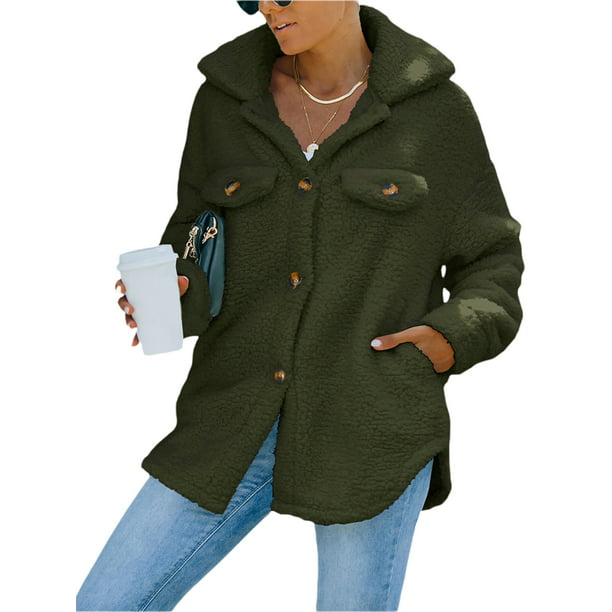 Oversized Fleece Jackets for Women Winter Warm Coat with Hood Pocket,Long Sleeve Button Down Overcoat Outerwear 